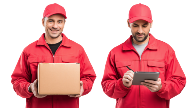 Delivery man with box and tablet - Powered by Adobe