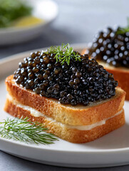 Caviar on toast with dill garnish on a plate.