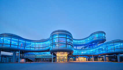 Futuristic Architecture Featuring Glass and Steel under a Blue Sky Modern Building Design and Innova.
