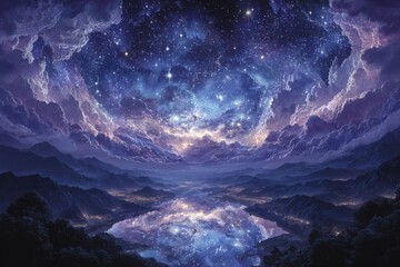 Dreamlike Starry Night Sky Reflected in a Calm Lake - Fantasy Landscape, Magical Celestial Scene, Tranquil Night Nature, Peaceful Beauty