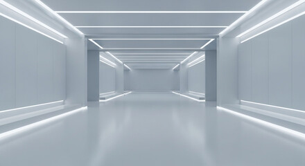 Modern white hallway interior design with led lighting and futuristic architecture rendering concept