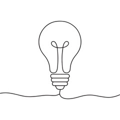 Continuous line draws a light bulb on a single wave line, set against a transparent backdrop