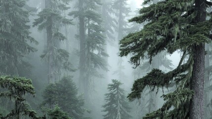 Foresta nebbiosa con alberi secolari coperti di muschio e un'atmosfera misteriosa e tranquilla.