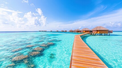 Stunning overwater bungalows connected by a wooden walkway, perfect for a relaxing vacation in paradise.