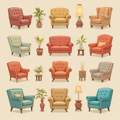 Cartoon comfy armchairs and chairs, modern furniture collection. Cozy retro apartment soft armchairs vector symbols illustration set. Trendy furniture bundle