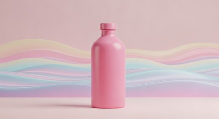 A tall pink bottle stands against a pastel gradient background