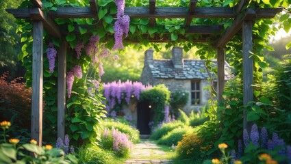 A charming garden pathway beneath a wooden pergola covered with purple and green climbing plants, leading to a cozy stone cottage surrounded by lush foliage.