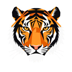 Geometric tiger face illustration with orange black and white stripes and fierce eyes