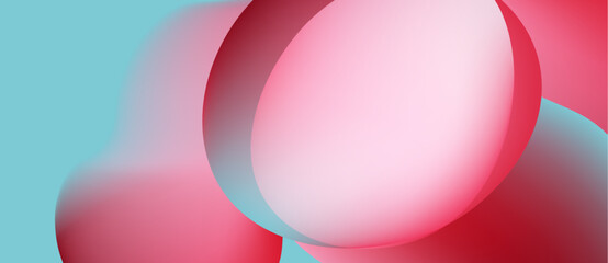 Abstract shapes overlap, creating soft gradients. Pink, turquoise hues blend seamlessly. Minimalist design evokes calm atmosphere.