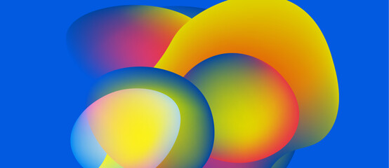 Abstract colorful shapes overlap, creating vibrant gradients. Blue background provides strong contrast. Modern design elements present.