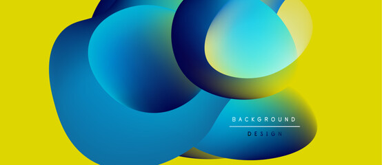 Abstract fluid shapes overlap yellow backdrop. Gradient blues create dynamic visual effect. Modern design element for backgrounds.