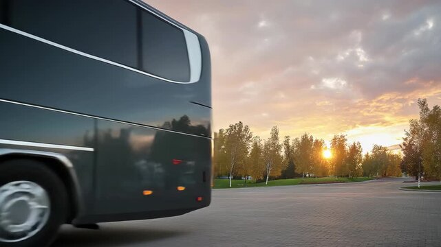 Sleek dark grey tour bus reflecting the sunset. Passenger transport vehicle. Spacious motorcoach for road trips and group travel in comfort and style.