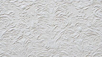 Embossed white floral pattern with intricate swirling designs and textured background