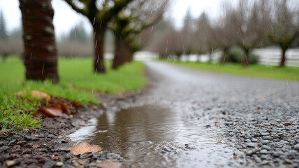 Fototapeta premium Rain-soaked path with puddles and trees in a tranquil countryside.