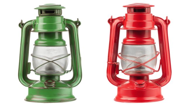 Green and red kerosene lamps