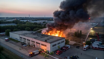 Aerial view a infernal fire in warehouse with big flame and smoke above the zone at dusk. Firemen in action to extinguish the fire in the warehouse zone.