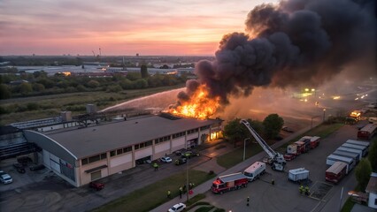Aerial view a infernal fire in warehouse with big flame and smoke above the zone at dusk. Firemen in action to extinguish the fire in the warehouse zone.