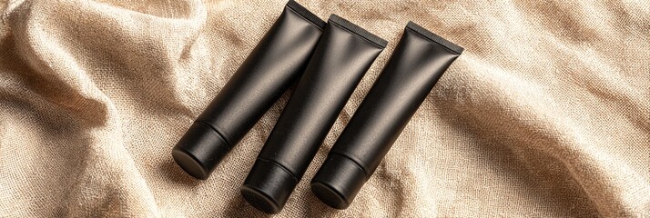 Tre tubetti neri opachi per cosmetici disposti su un tessuto beige testurizzato, stile minimalista.
