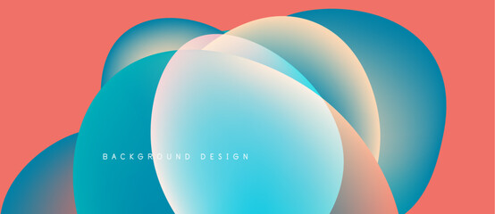 Abstract fluid shapes overlap, creating vibrant gradients. Peach, blue, gold hues blend seamlessly. Modern design element.
