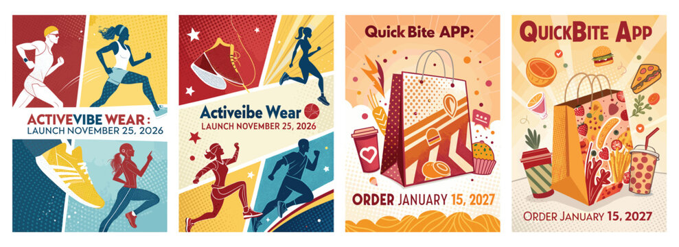 Dynamic sports illustrations promoting activewear and food delivery apps in vibrant colors.