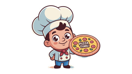 Cute cartoon chef holding a delicious pizza, Pizza time.