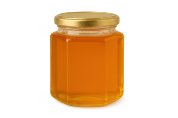 Glass honey jar with golden metal lid on transparent background