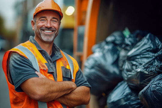 A smiling sanitation worker wearing a hard hat and reflective vest stands with crossed arms in front of a loaded garbage truck, on a suburban street
