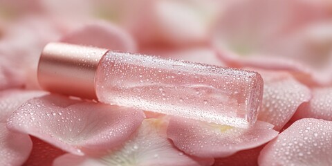 Flacone di profumo con gocce d'acqua su petali di rosa rosa, lusso e cura della pelle