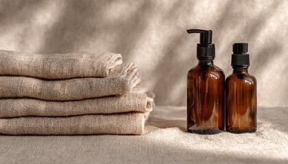 Set di dispenser per sapone e asciugamani in lino su sfondo testurizzato, concetto di cura personale e benessere.