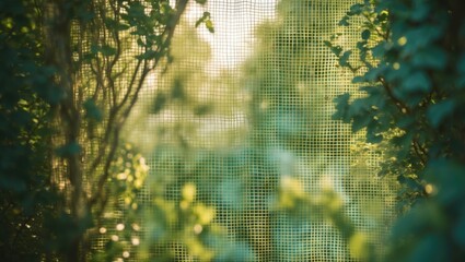 Dense foliage seen through a mesh screen in a garden or outdoor area, with sunlight filtering through the leaves.