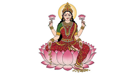 Obraz premium Illustration of Goddess Lakshmi Seated on Lotus with Gold Coins and Lotus Flowers
