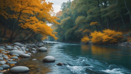 A river flowing through a forest with autumn foliage and smooth rocks along the shore.