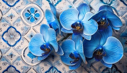 beautiful blue orchids on decorative tile background