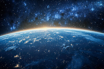 Obraz premium Night lights from cities shine on Earth as the sunrise creates a glow along the horizon, with stars visible in the outer atmosphere