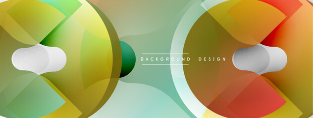 Abstract geometric shapes overlap, creating vibrant color gradients. Soft shadows add depth to design. Modern, clean aesthetic.