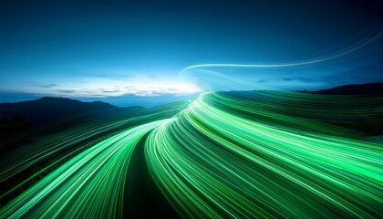 dynamic emerald green light trails create futuristic speed curve evoking sense of motion and energy abstract design suggests technology and innovation in digital landscape
