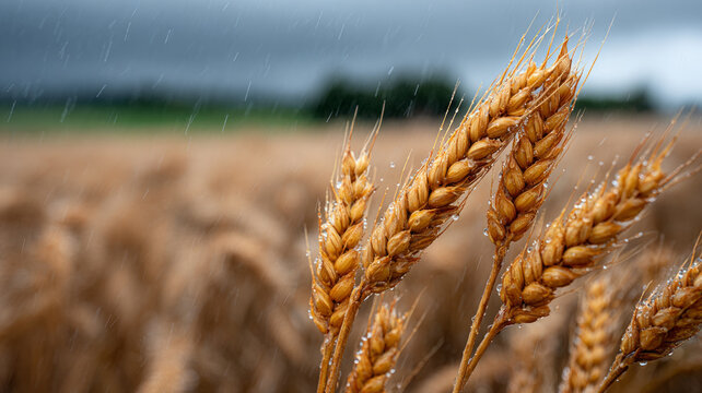 Close-up of wheat in a field under a rainy, cloudy sky.