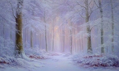 Sentiero innevato attraverso una foresta magica e sognante con alberi coperti di brina e luce soffusa