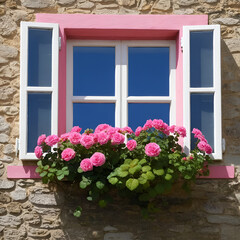 window with pink roses and geraniums