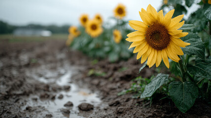 Close-up of a sunflower in a rainy field, vibrant yellow petals.