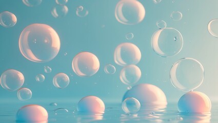 Multiple floating bubbles in water with a soft blue background and reflections.