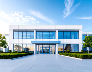 Obraz premium Modern Office Building Exterior Under a Bright Blue Sky with Glass Facade and Landscaping