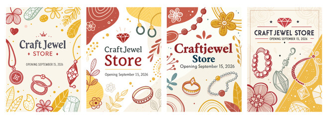 Colorful promotional banners for Craft Jewel Store opening, featuring elegant jewelry designs and floral patterns.