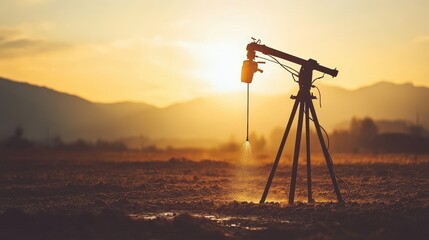 Naklejka premium Agricultural sprinkler spraying water at golden hour sunset in a rural field