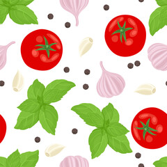 Seamless pattern with tomato, garlic, basil leaf and peppercorn. Food background. Vector cartoon flat illustration.