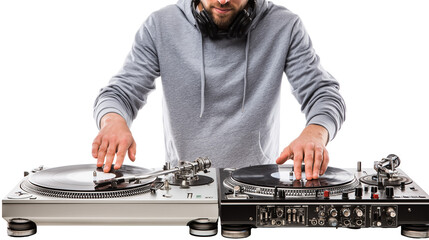 Man with headphones using two turntables