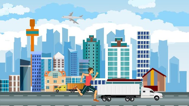 Running man in city urban landscape 2d animation helth life theme