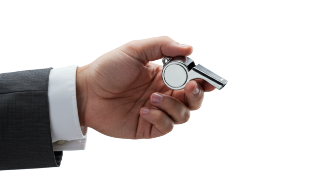 A groomed hand with a white shirt cuff and neutral suit firmly holds a gleaming silver pea whistle, against a blurred corporate studio background of blues and greys, concept of decisive action.