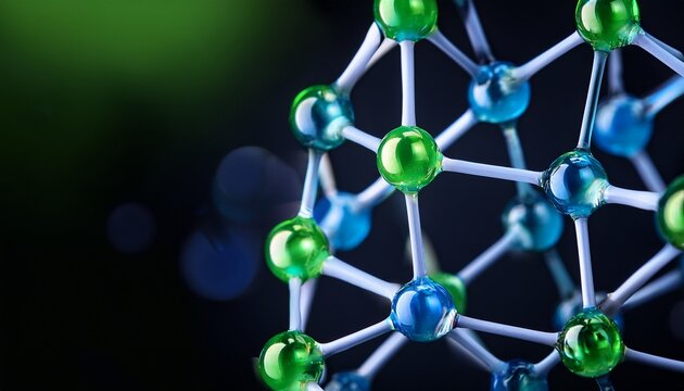 a close up view of a molecular structure with green and blue spheres on a black background
