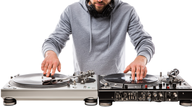 Man with headphones using two turntables